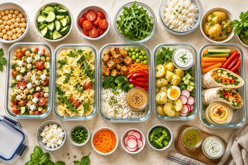 Vorbereitete Lunchboxen mit Salat, Pasta, Bowl, Kartoffeln und Wrap