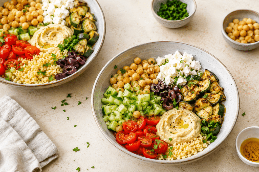 Mediterrane Bowls und Salate mit Couscous, Bulgur, Kichererbsen, Feta, Gemüse und Zitronendressing