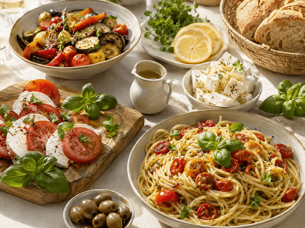 Mediterrane Rezepte 2026 mit Pasta, Salat, Ofengemüse, Feta, Oliven und frischen Kräutern