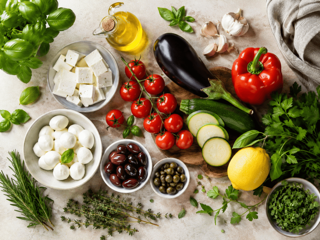 Mediterrane Zutaten wie Olivenöl, Knoblauch, Tomaten, Zucchini, Aubergine, Feta und Kräuter