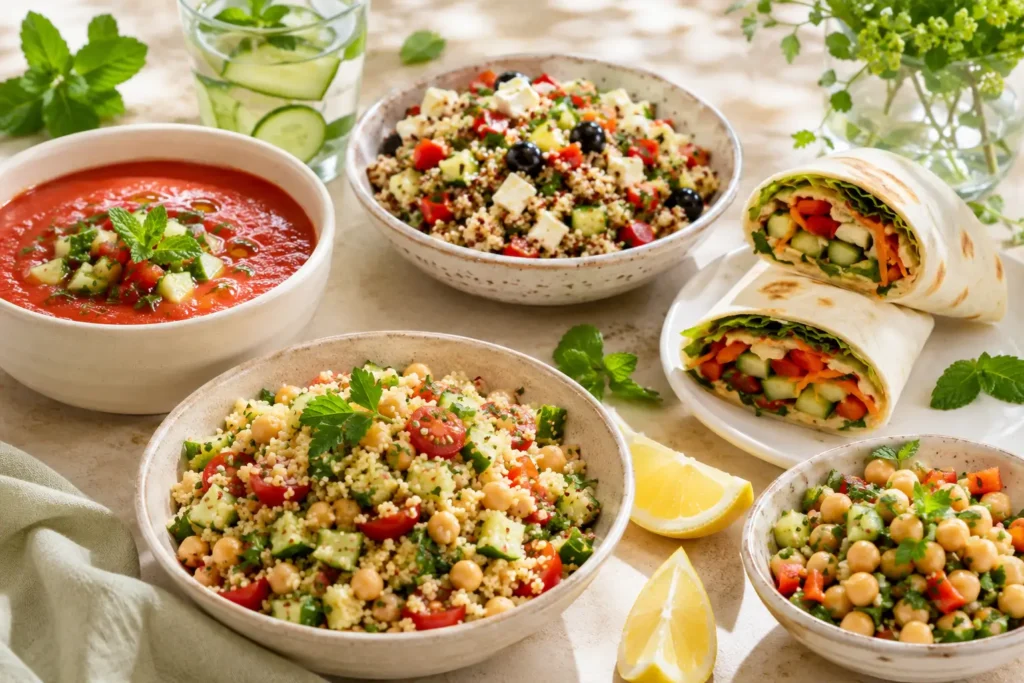 Kaltes Mittagessen bei Hitze mit Couscous-Salat, Gazpacho, Bowl und Wrap