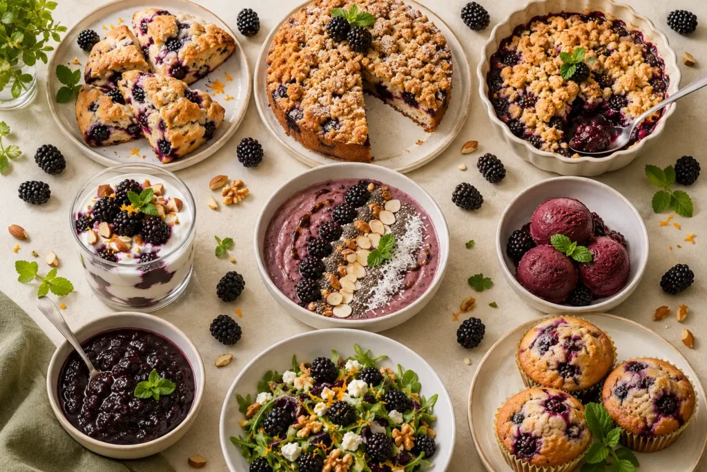 Neun Brombeeren Rezepte mit Scones, Kuchen, Crumble, Dessert, Smoothie, Eis, Marmelade, Salat und Muffins