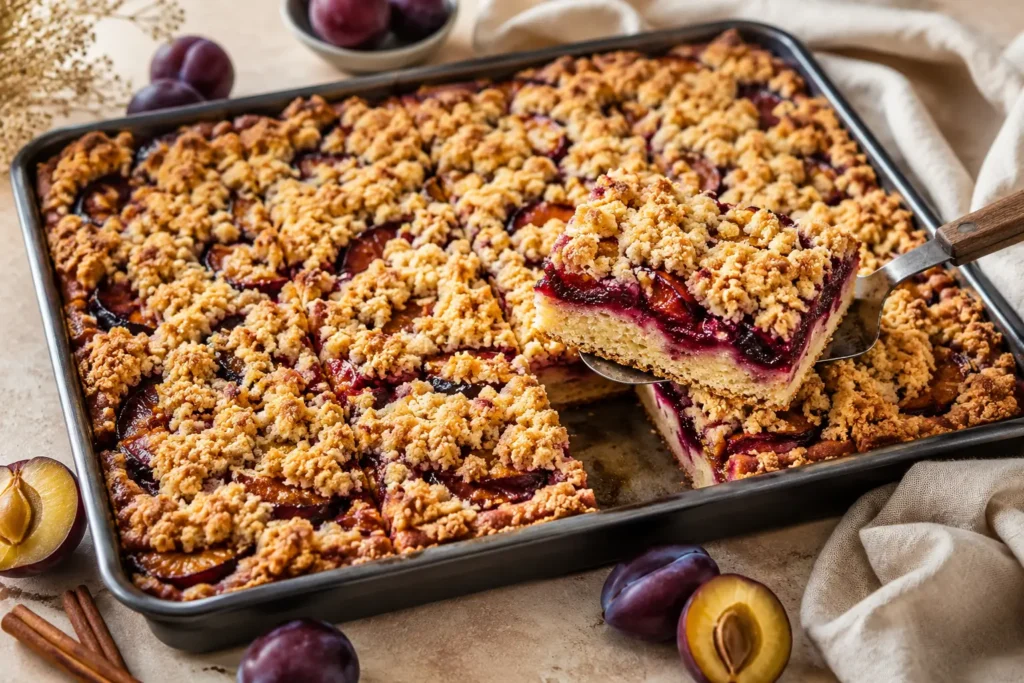 Saftiger Pflaumenkuchen vom Blech mit Pflaumen und knusprigen Butterstreuseln