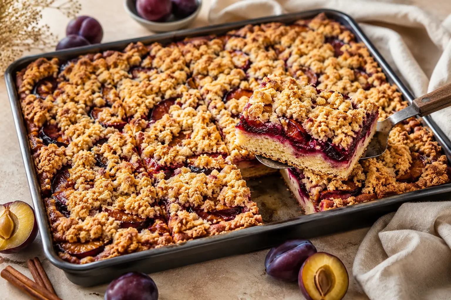 Saftiger Pflaumenkuchen vom Blech mit Pflaumen und knusprigen Butterstreuseln