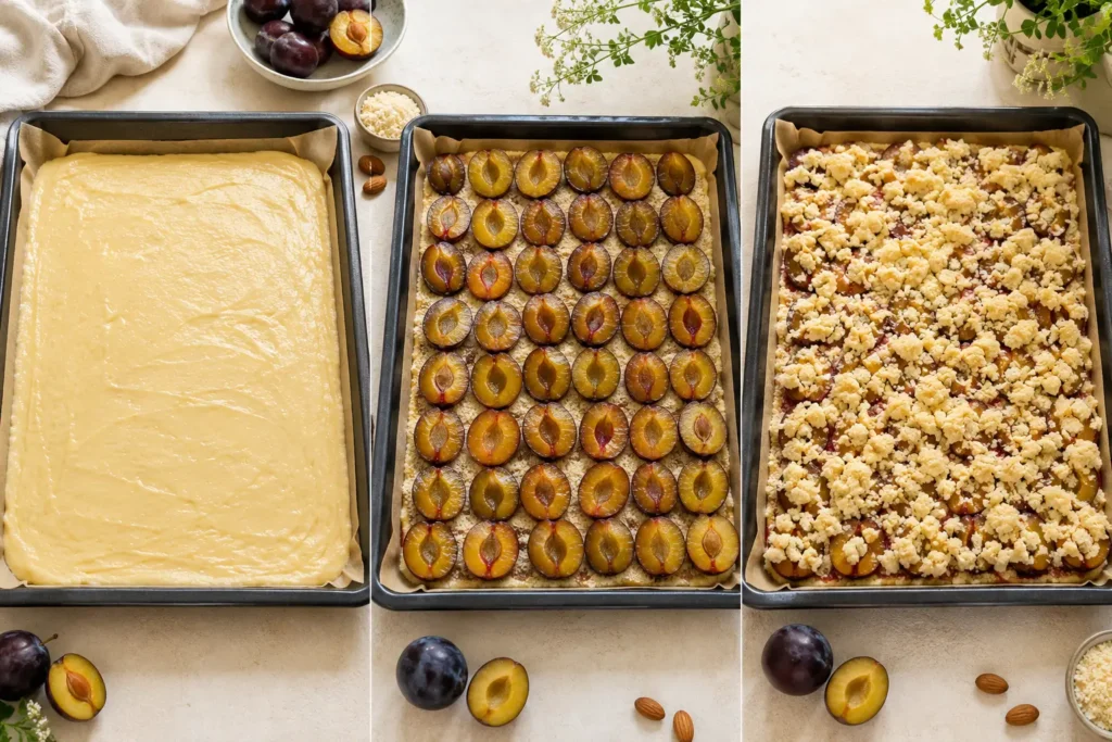 Rührteig mit Pflaumen und Butterstreuseln auf einem Backblech