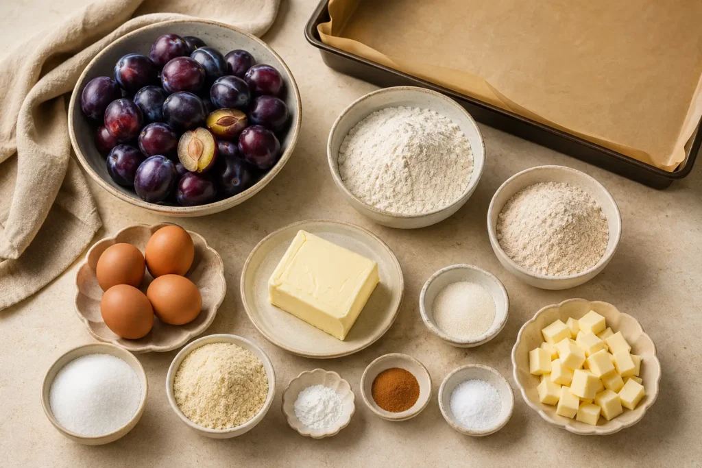 Zutaten für Pflaumenkuchen vom Blech mit Pflaumen, Butter, Mehl, Eiern und Zucker