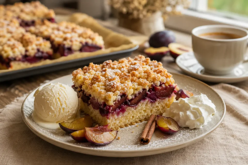 Stück Pflaumenkuchen mit Streusel, Vanilleeis und geschlagener Sahne