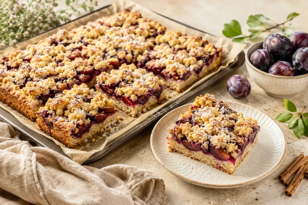 Saftiger Pflaumenkuchen mit Streusel vom Blech in Stücke geschnitten