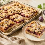 Saftiger Pflaumenkuchen mit Streusel vom Blech in Stücke geschnitten