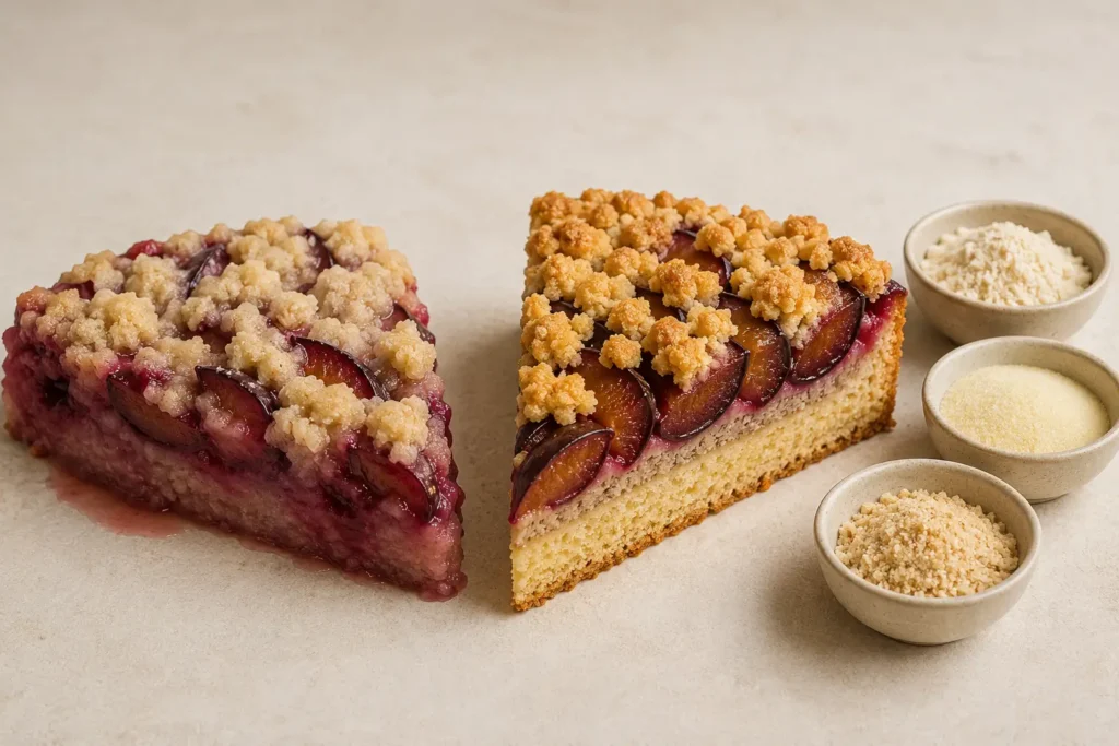 Vergleich zwischen matschigem und perfekt gebackenem Pflaumenkuchen vom Blech