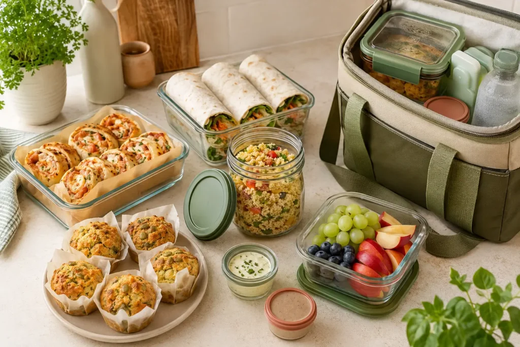 Vorbereitete Picknick-Snacks in auslaufsicheren Boxen und einer Kühltasche