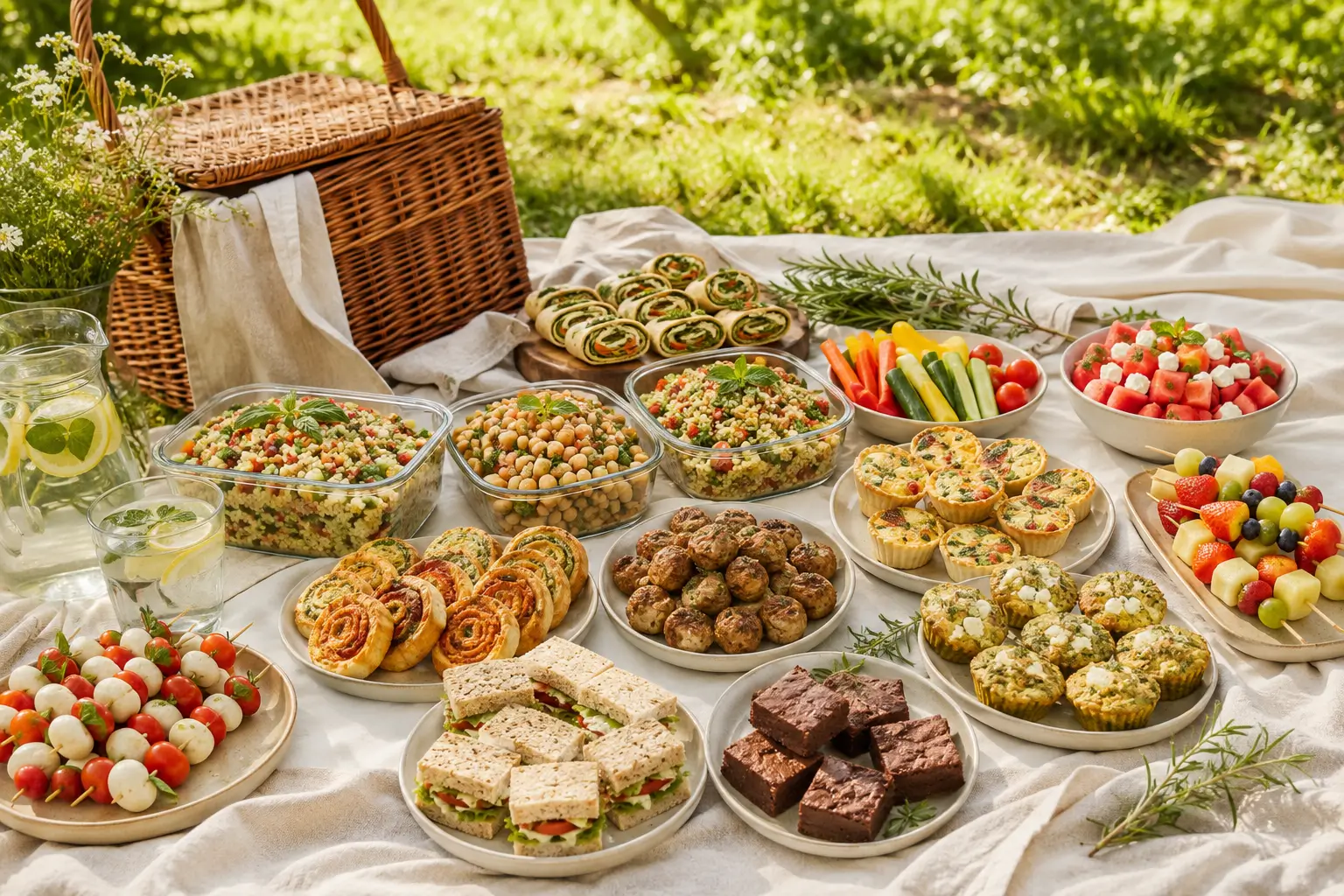 Picknick Rezepte mit Fingerfood, Salaten, Obst und süßen Snacks