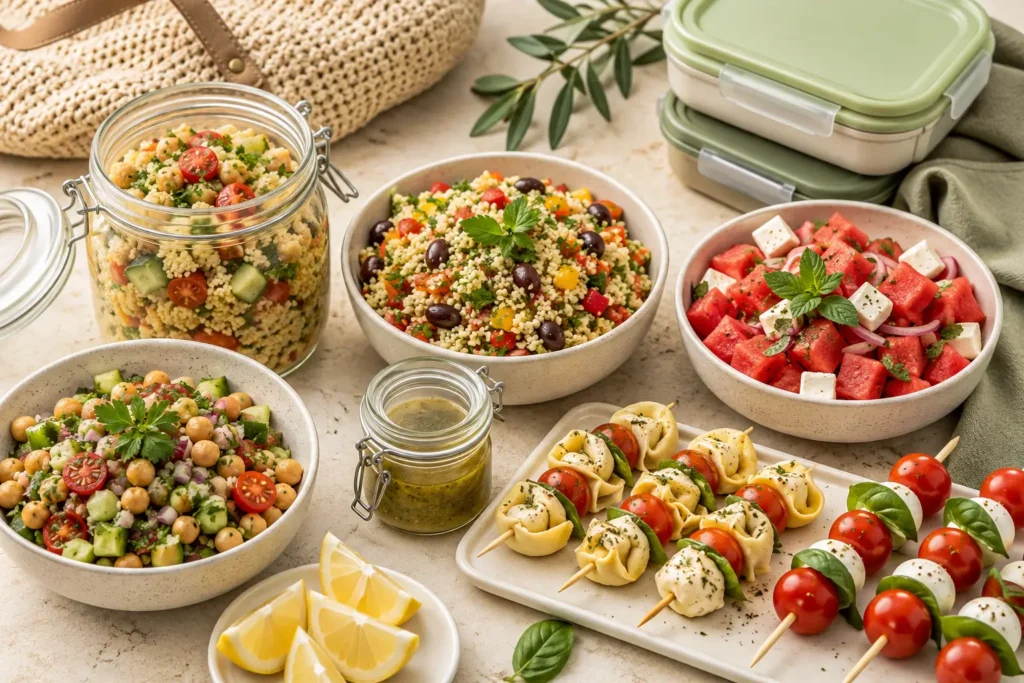Couscous-Salat, Kichererbsensalat und Tomaten-Mozzarella-Spieße fürs Picknick