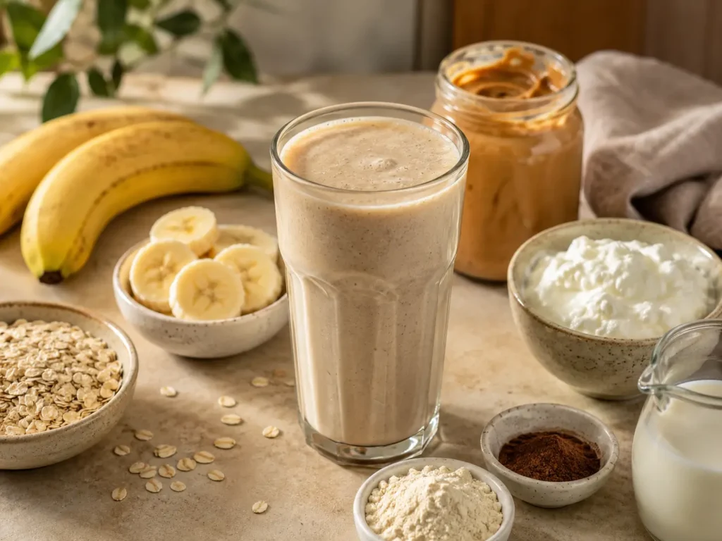 Protein Smoothie mit Banane Erdnussbutter Magerquark und Haferflocken