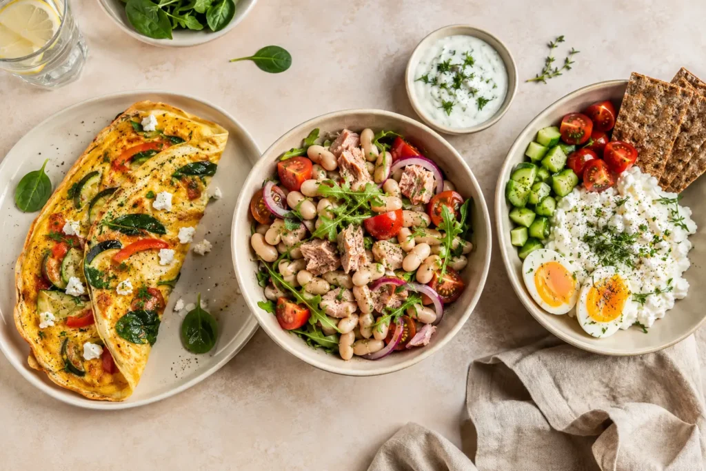 Proteinreicher Lunch mit Gemüseomelett, Thunfisch-Bohnen-Salat und Hüttenkäse