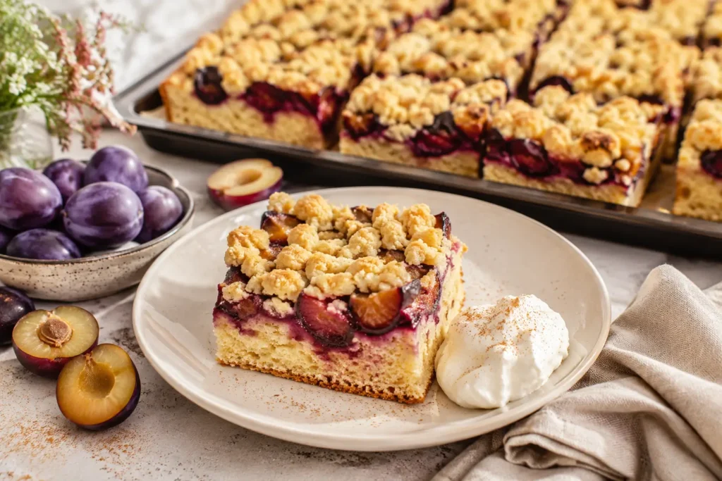 Stück Pflaumenkuchen vom Blech mit saftigem Rührteig und knusprigen Streuseln