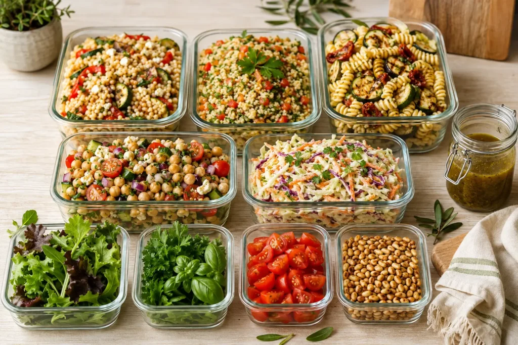 Vorbereitete Couscous-, Bulgur- und Kichererbsensalate in Glasbehältern