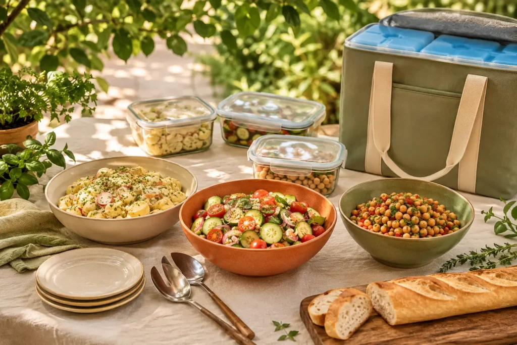 Grillbuffet für zehn Gäste mit drei unterschiedlichen Salaten