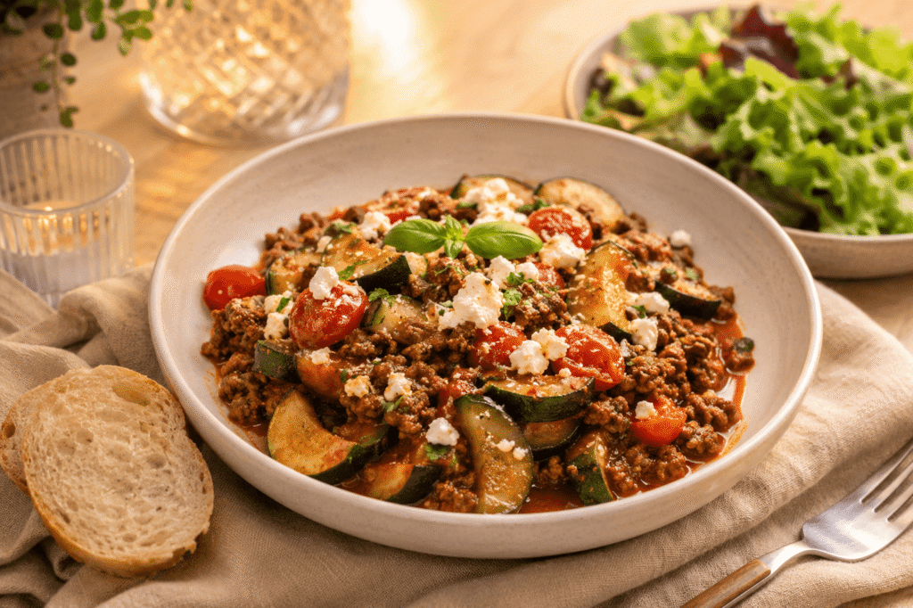 Servierte Zucchini-Hackfleisch-Pfanne mit Feta, Brot und grünem Salat