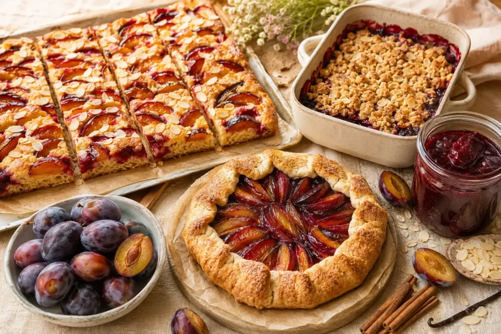 Pflaumenkuchen, Pflaumen-Crumble, Galette und Pflaumenkompott auf einem Tisch