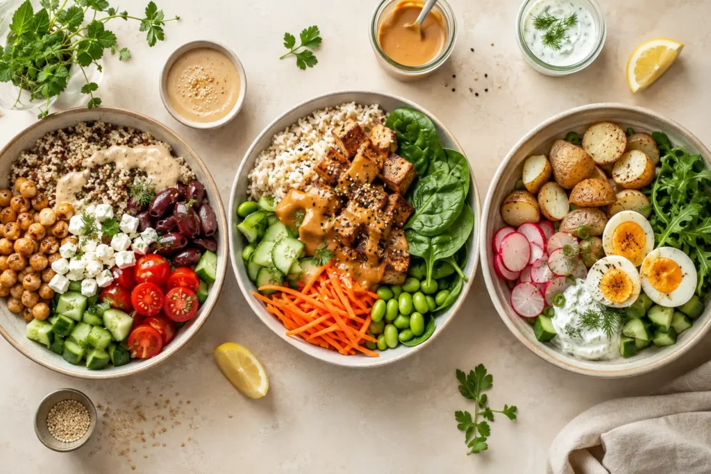 Vegetarische Lunch-Bowls mit Quinoa, Tofu, Reis, Kartoffeln und Gemüse