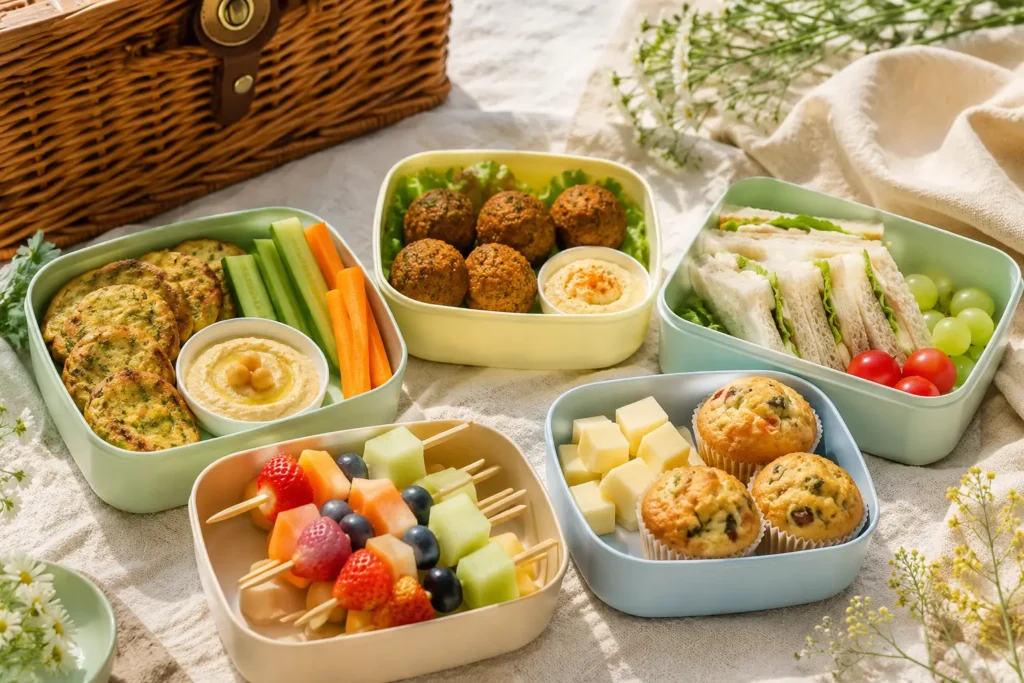 Mini-Sandwiches, Falafel, Gemüsesticks und Obstspieße für ein Familienpicknick