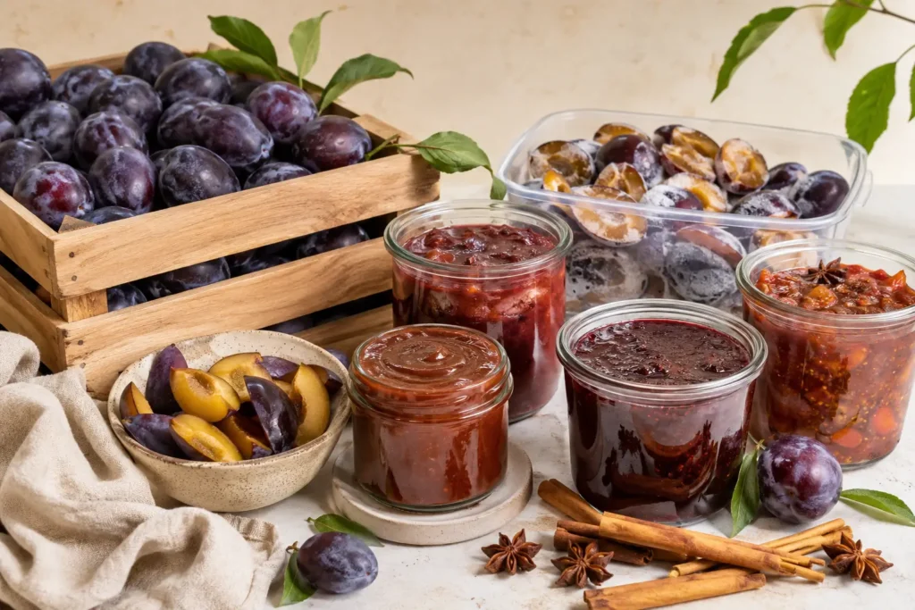 Frische Pflaumen mit Pflaumenmus, Kompott, Konfitüre, Chutney und eingefrorenen Früchten
