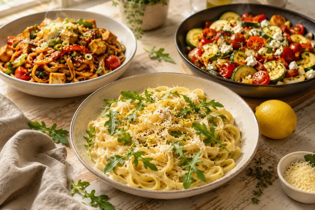 Schnelle Zitronenpasta, Chili-Knoblauch-Nudeln und Zucchini-Gemüsepfanne