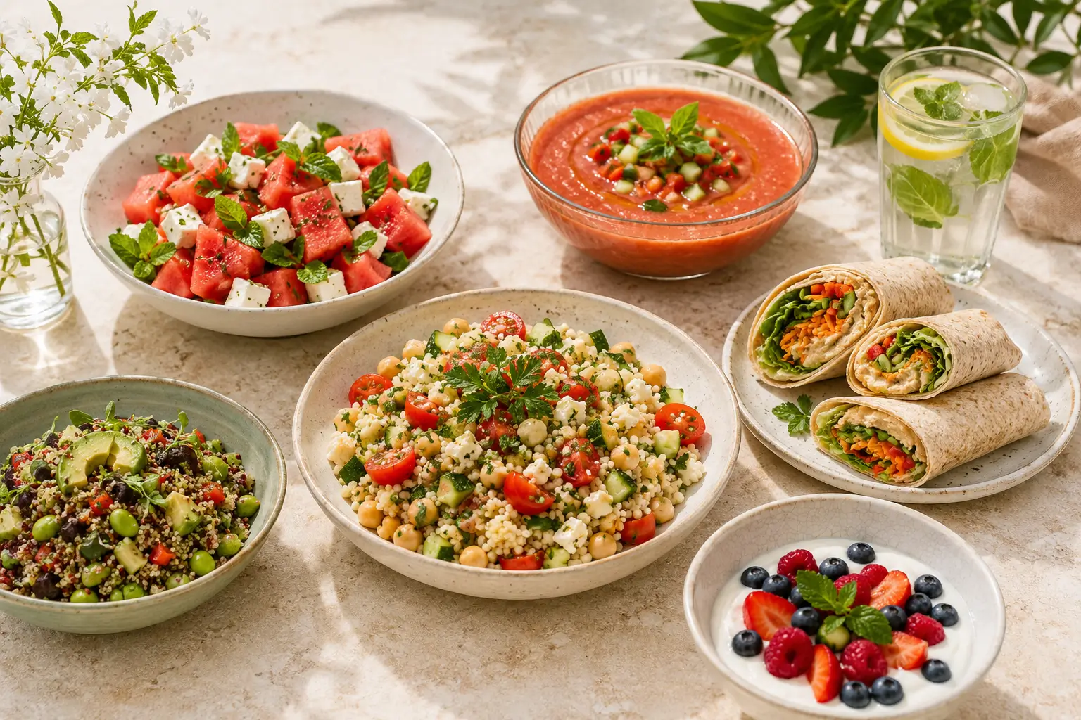 Leichte Sommergerichte mit Salat, Bowl, Gazpacho und Wraps für heiße Tage