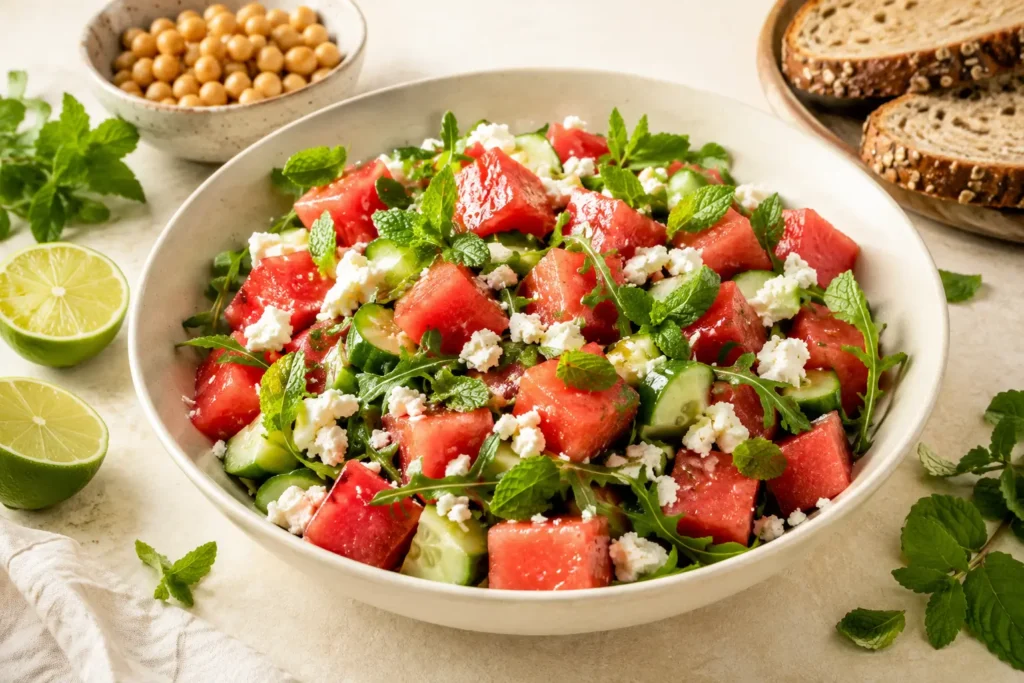Wassermelonen-Feta-Salat mit Gurke, Minze und Limette für heiße Tage