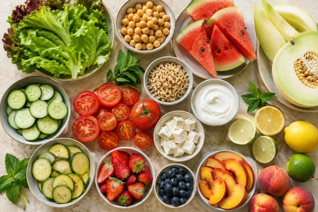 Wasserreiche Lebensmittel wie Gurke, Tomaten, Melone, Beeren und Pfirsiche