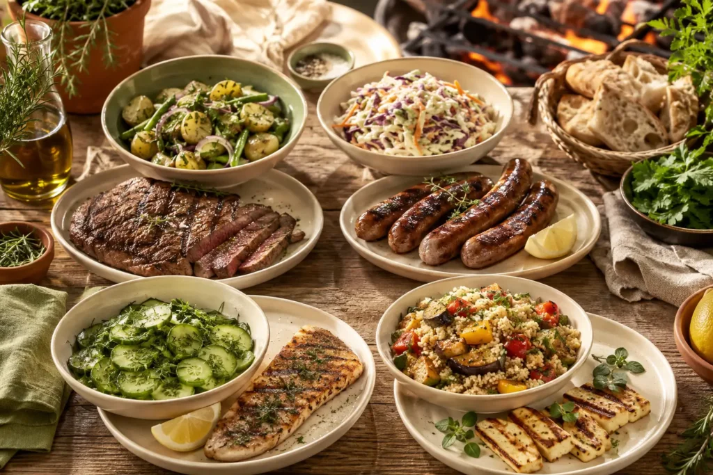 Steak, Bratwurst, Fisch und Halloumi mit passenden Salatbeilagen
