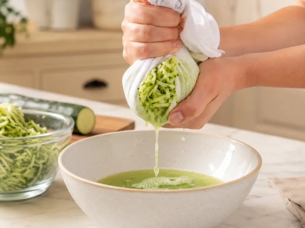 Geraspelte Zucchini wird im Küchentuch ausgedrückt für knusprige Zucchinipuffer