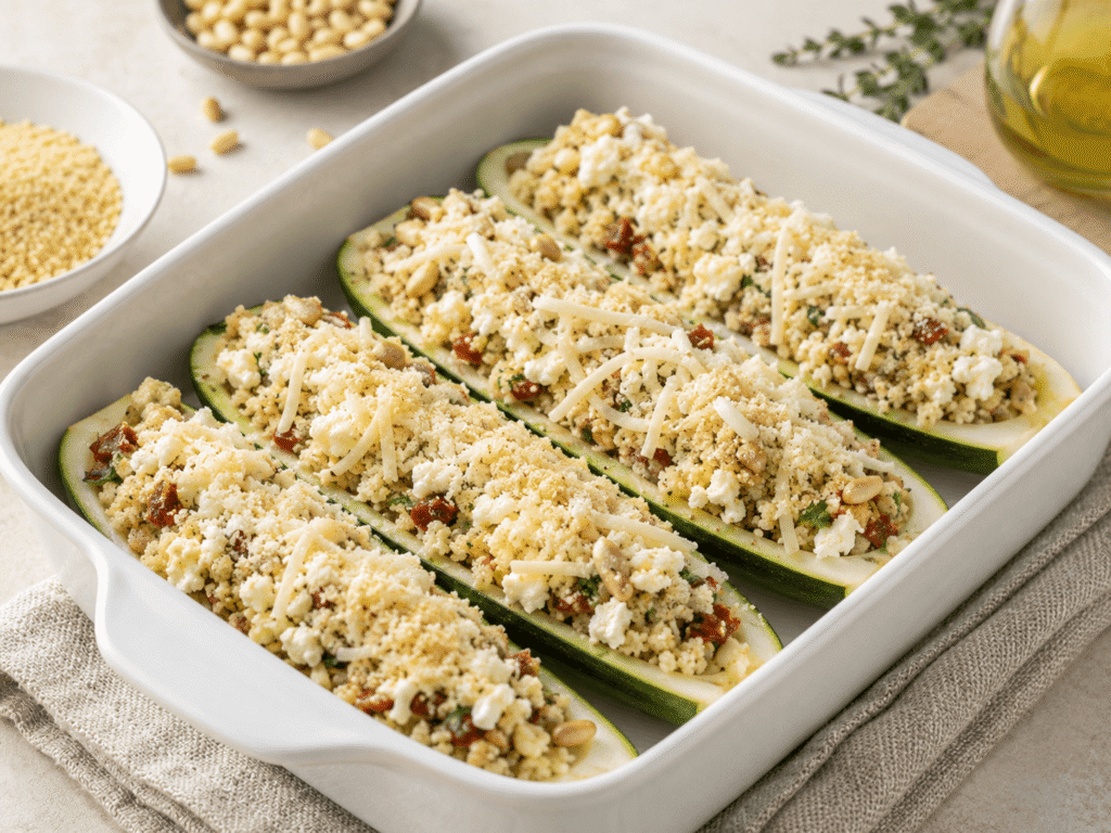 Zucchini Boote gefüllt mit Couscous, Feta und Kräutern vor dem Backen