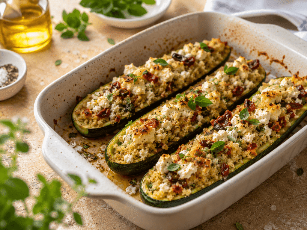 Zucchini gefüllt vegetarisch mit Feta, Couscous und Kräutern aus dem Backofen