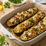 Zucchini gefüllt vegetarisch mit Feta, Couscous und Kräutern aus dem Backofen