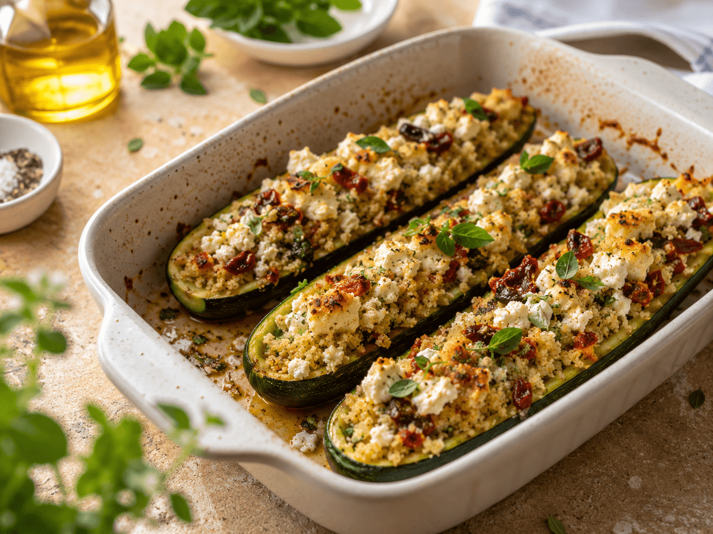 Zucchini gefüllt vegetarisch mit Feta, Couscous und Kräutern aus dem Backofen
