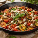 Zucchini-Hackfleisch-Pfanne mit Tomaten, Feta und frischen Kräutern