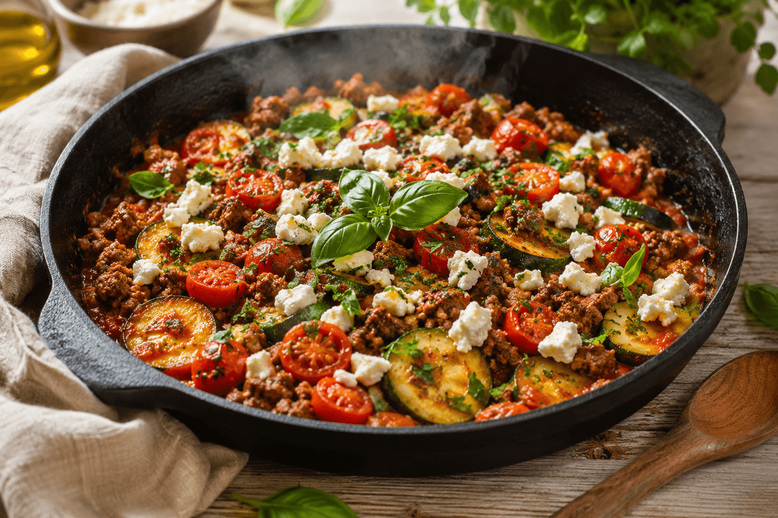 Zucchini-Hackfleisch-Pfanne mit Tomaten, Feta und frischen Kräutern