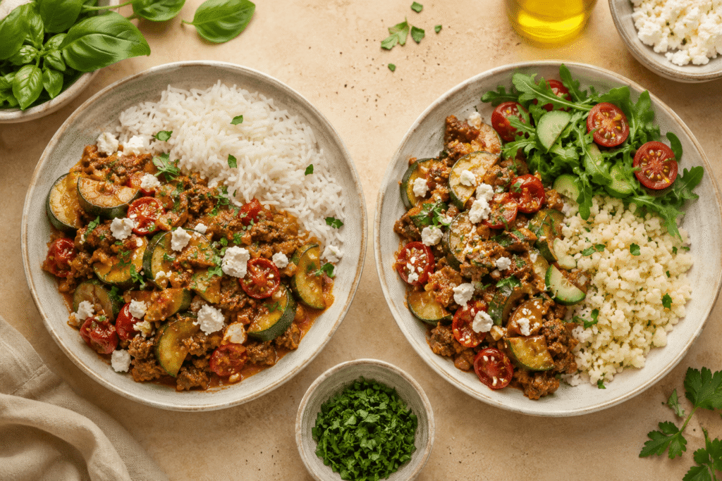 Zucchini-Hackfleisch-Pfanne mit Reis und als Low-Carb-Variante mit Blumenkohlreis