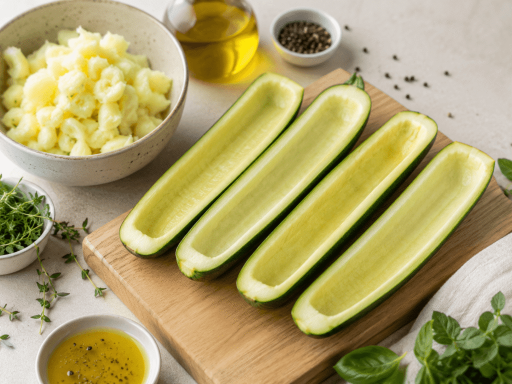 Zucchini halbieren und aushöhlen für vegetarisch gefüllte Zucchini aus dem Backofen