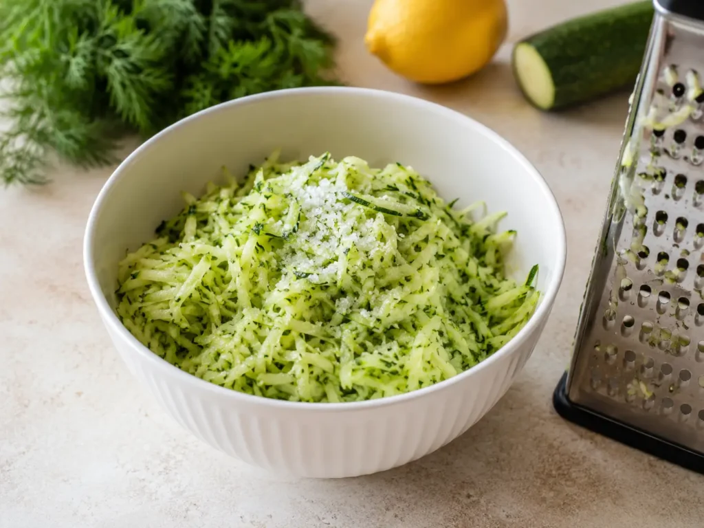 Geraspelte Zucchini mit Salz für knusprige Zucchinipuffer