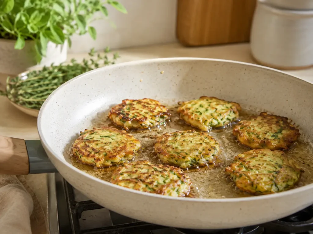 Zucchinipuffer werden in der Pfanne goldbraun und knusprig gebraten