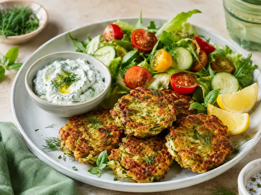 Zucchinipuffer mit grünem Salat, Tomaten und Joghurt-Dip als leichtes Sommergericht