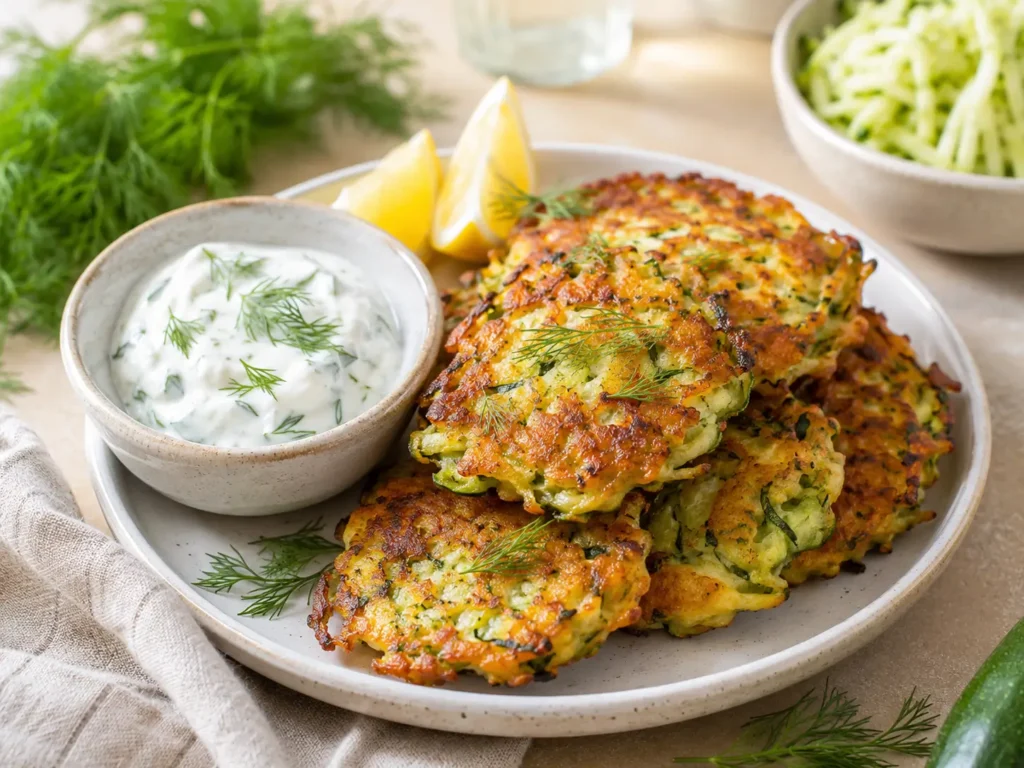 Knusprige Zucchinipuffer aus der Pfanne mit Joghurt-Dip und Dill