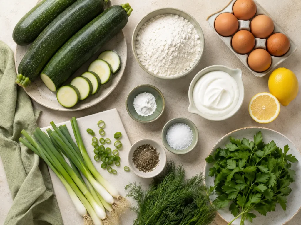 Zutaten für Zucchinipuffer mit Zucchini, Ei, Mehl, Dill und Joghurt