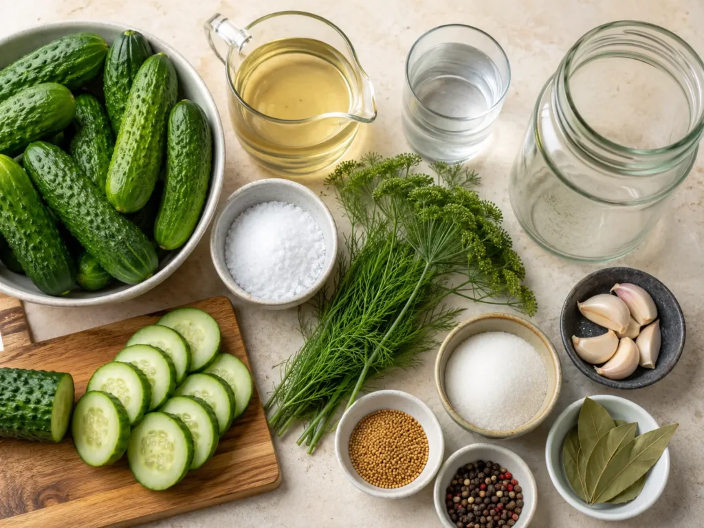 Zutaten für Gurken einlegen kalt mit Essig, Dill, Senfkörnern, Knoblauch und Lorbeer