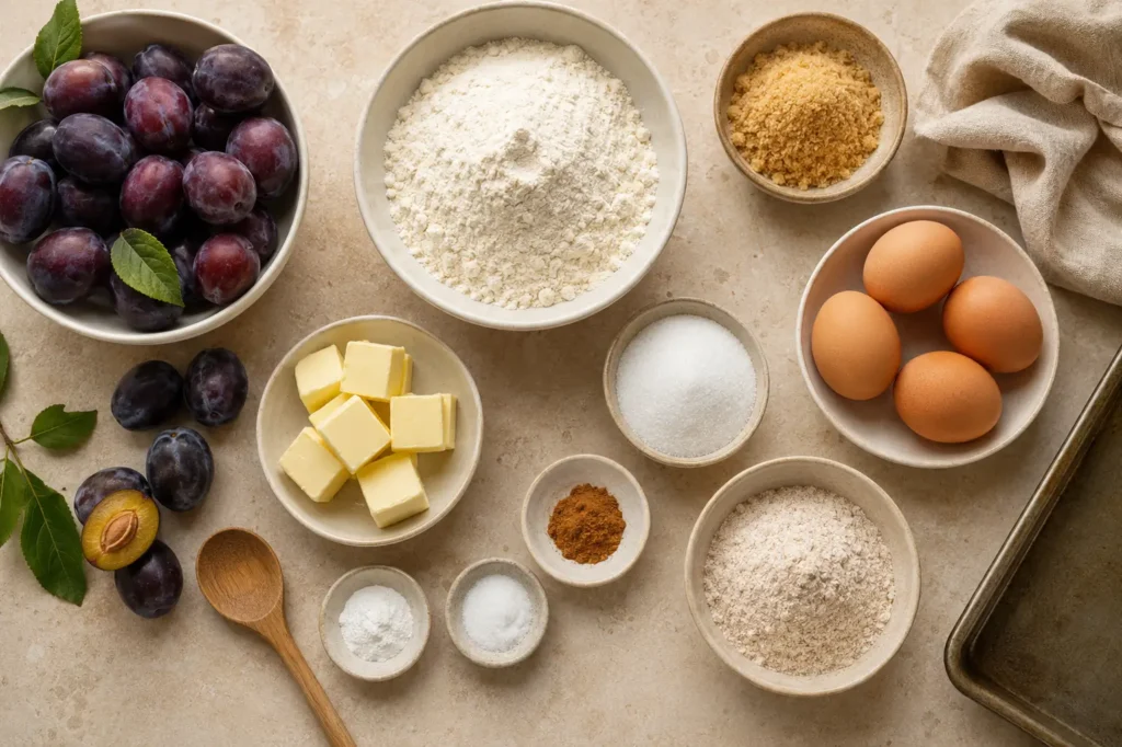 Pflaumen, Mehl, Butter, Eier, Zucker und Zimt für Pflaumenkuchen mit Streusel