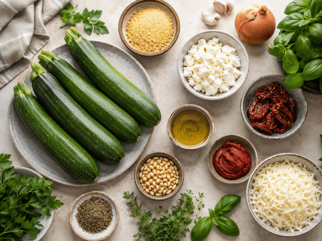 Zutaten für gefüllte Zucchini mit Couscous, Feta, Kräutern und getrockneten Tomaten