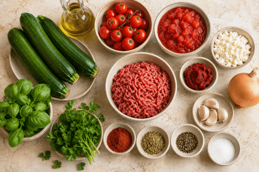 Zucchini, Hackfleisch, Tomaten, Feta und Gewürze für das Pfannengericht